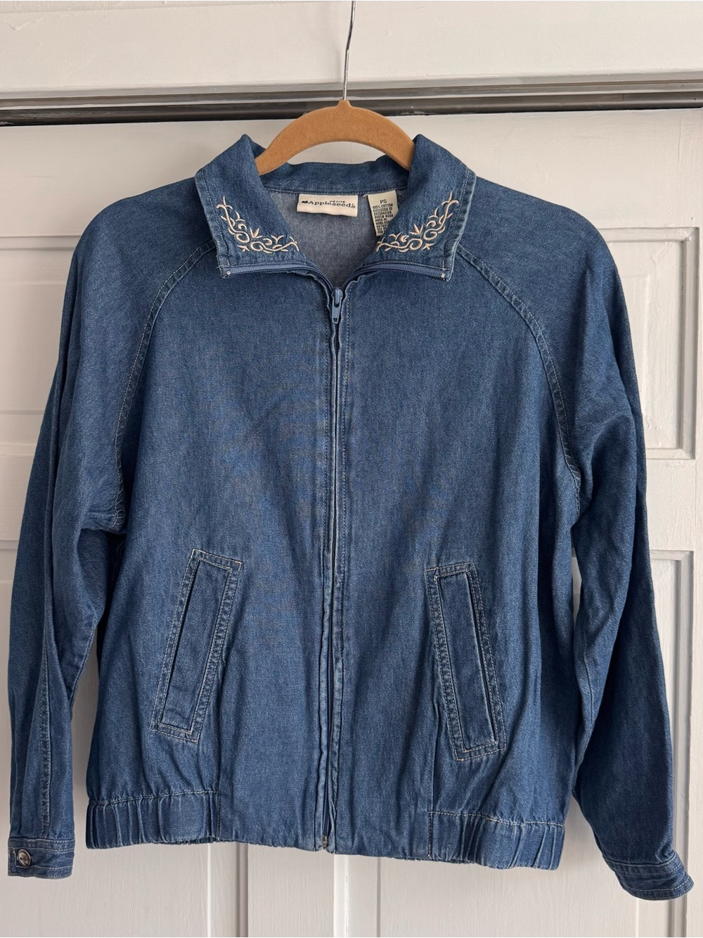 Vintage Appleseed's Blue Denim Zip-Front Jacket with Embroidered Collar